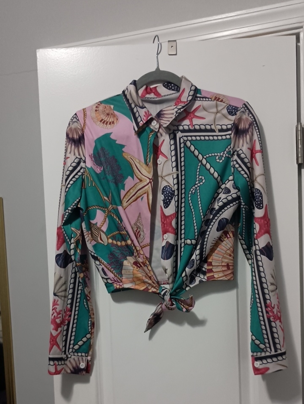 Womens Sea-Print Tie-Front Shirt - Teal & Pink